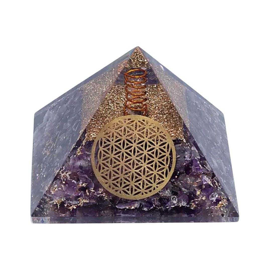 Orgonite Pyramide améthyste fleur de vie