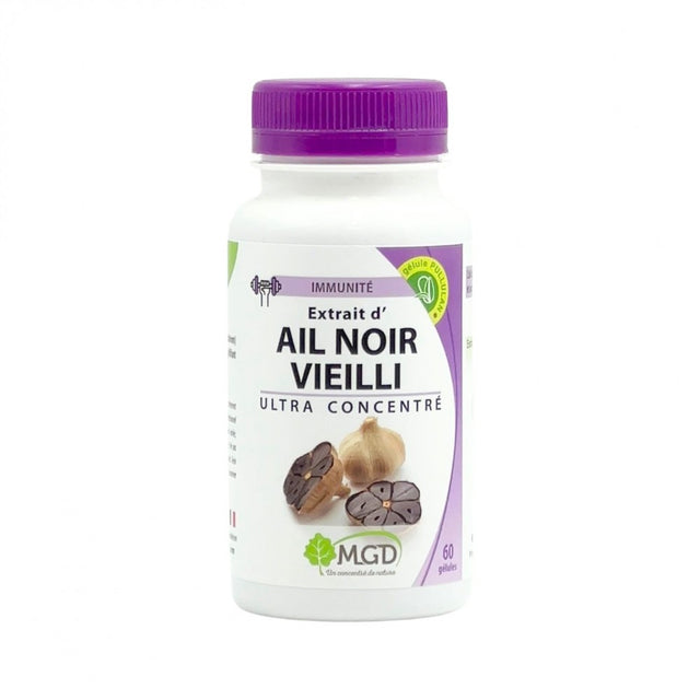 Pilulier d'Ail Noir Vieilli MGD, 60 gélules pullulan, extrait titré en S-allyl-cystéine, fabriqué en France.