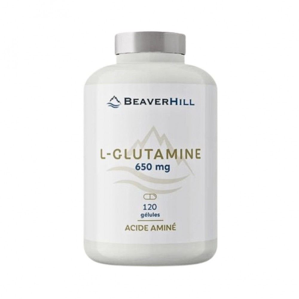 Pilulier de L-Glutamine BeaverHill, 120 gélules végétales en pullulan dosées à 650 mg, fabriqué en France