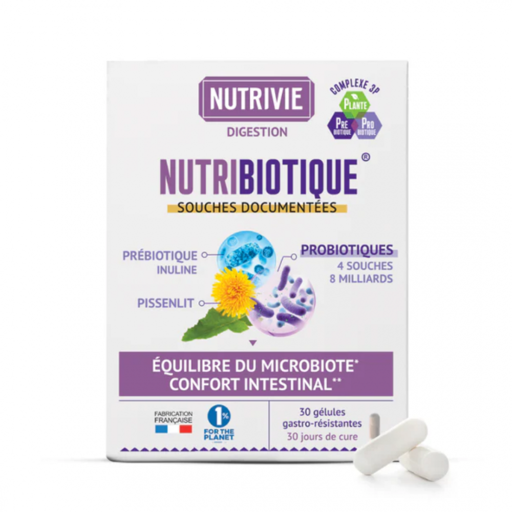 Boîte de Nutribiotique Digestion Nutrivie, 30 gélules gastro-résistantes aux probiotiques, inuline et pissenlit.